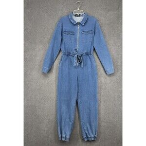 C'est Toi Jumpsuit Womens Large Denim Long Sleeve Zip Up Belted Elastic Waist